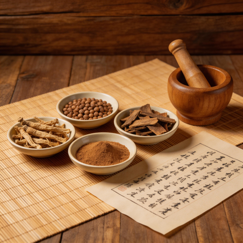 中药药材与古方研磨场景图片