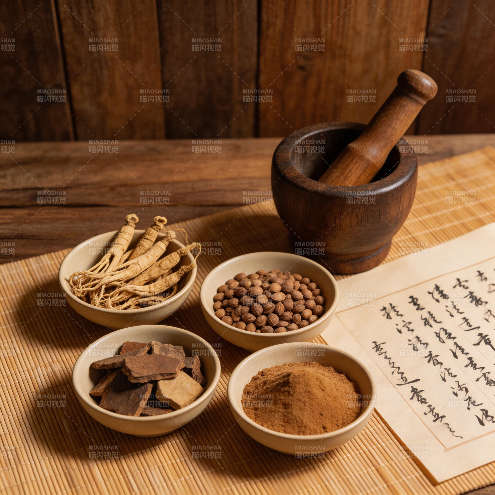 中药药材与研钵静物图图片