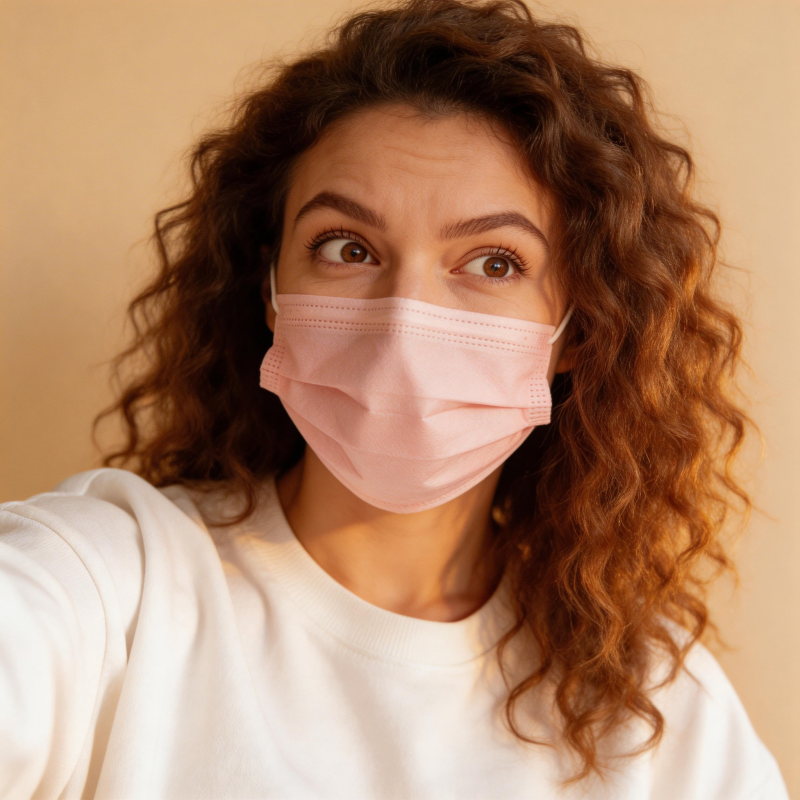 戴口罩的卷发女孩自拍图片