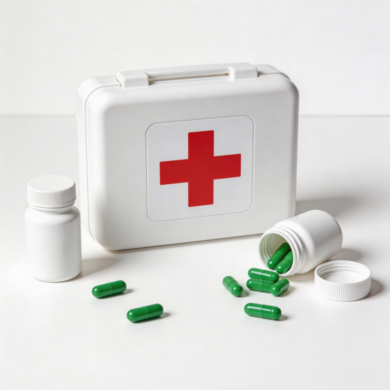 急救箱与绿色胶囊药丸图片