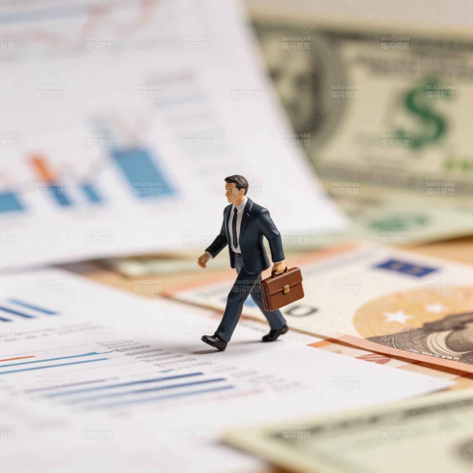 迷你商人行走在钞票图表间图片