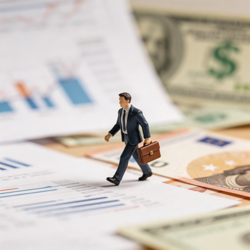 迷你商人行走在钞票图表间图片
