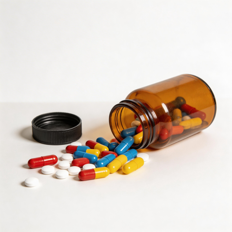 药瓶倾倒 彩丸散落图片