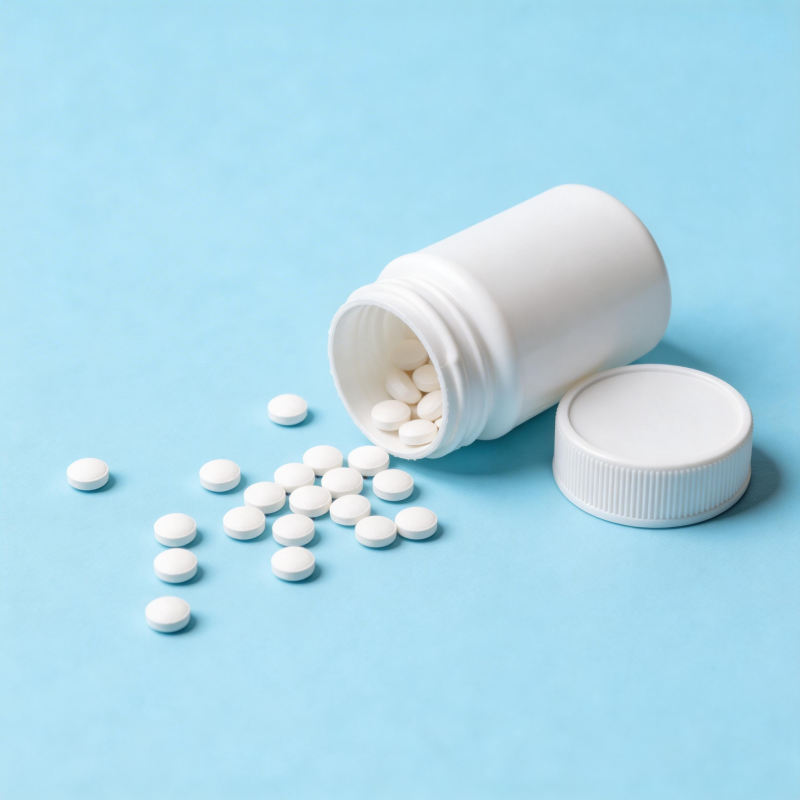 药瓶倾倒 白色药片散落蓝底图片