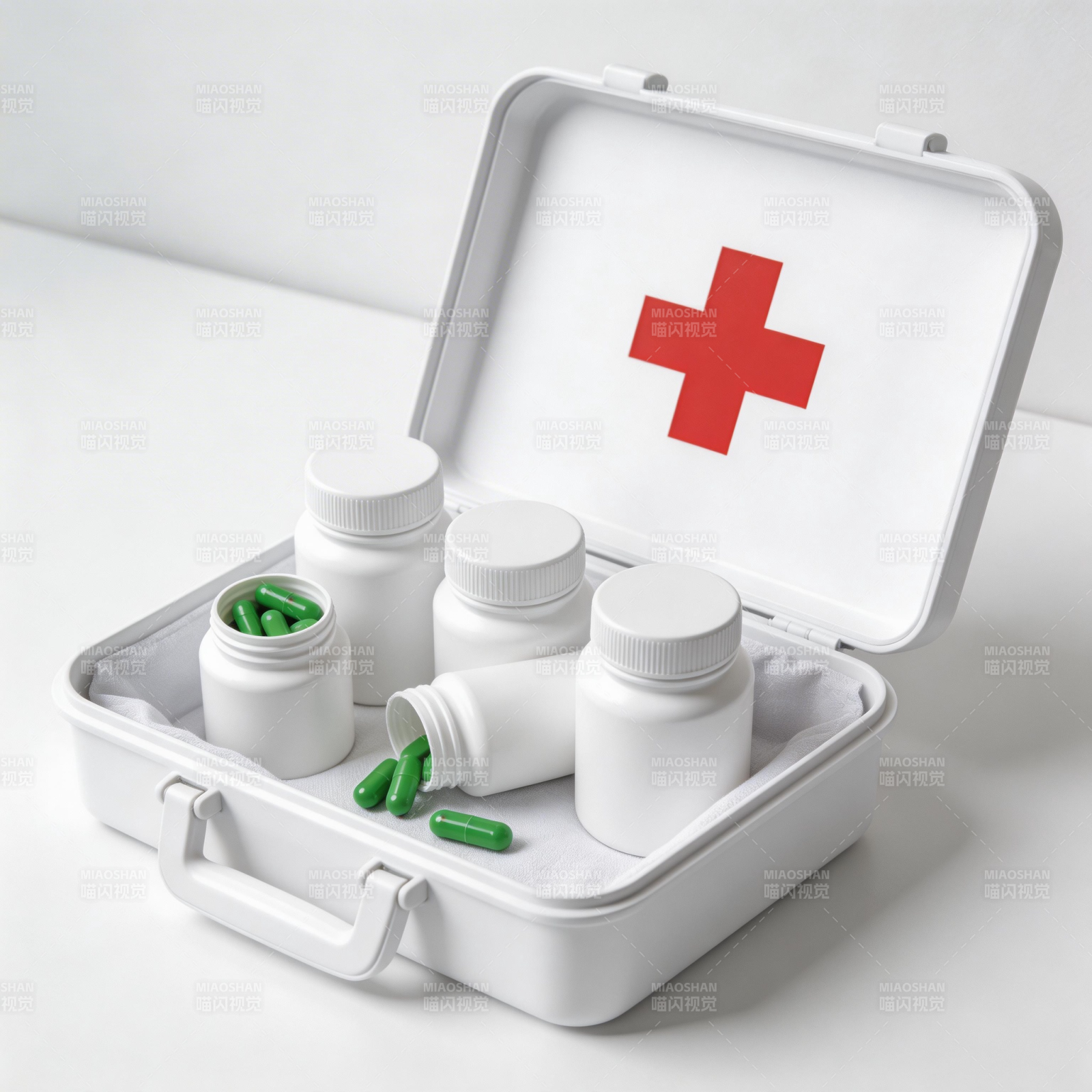 急救箱与绿色药丸图片