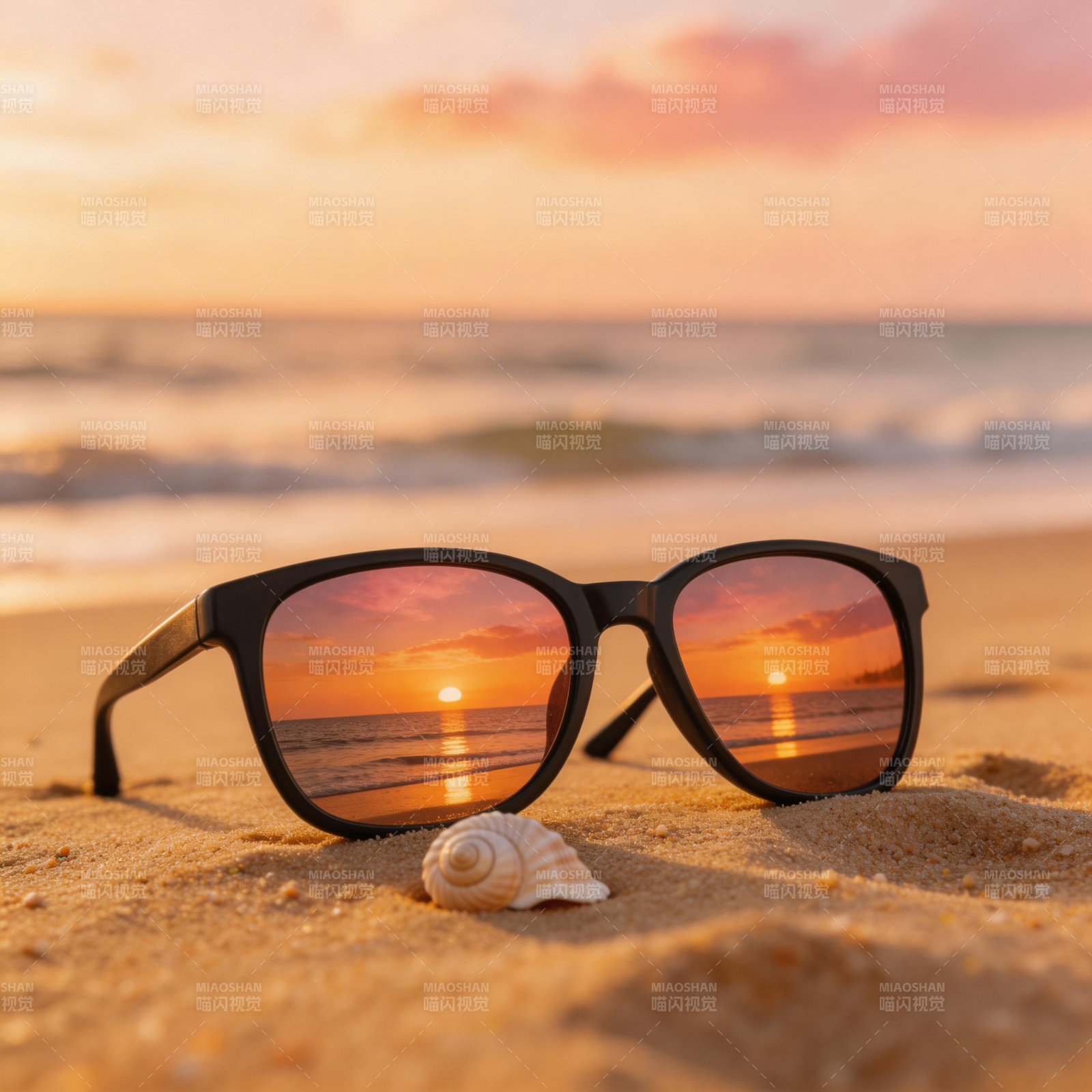 夕阳沙滩镜 贝壳伴余晖图片