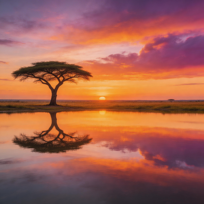 夕阳孤树 水镜映天图片