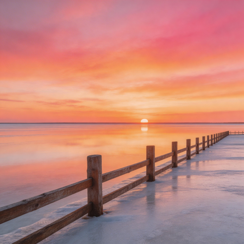 夕阳染红海天 木栏引向远方图片