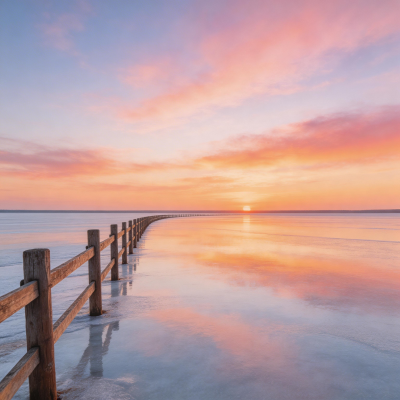 冰湖日落 木栏延伸向天际图片