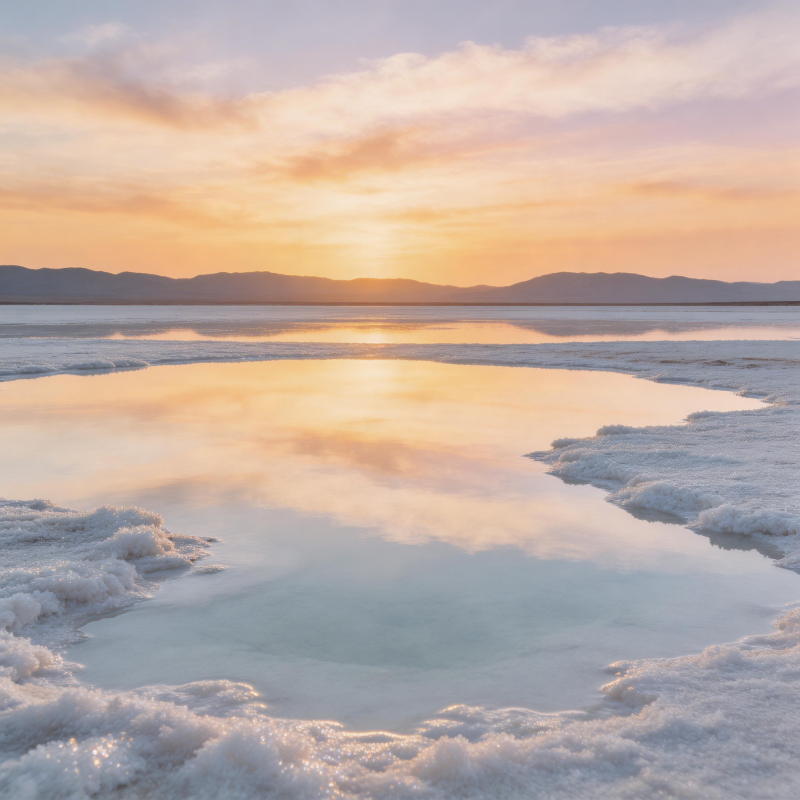 盐湖日落 金辉映雪境图片