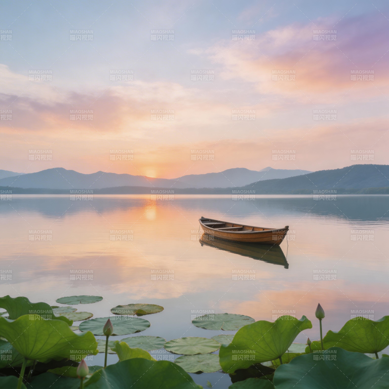 湖上孤舟映晚霞图片