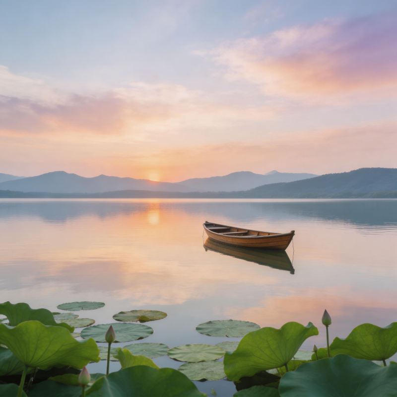 湖上孤舟映晚霞图片