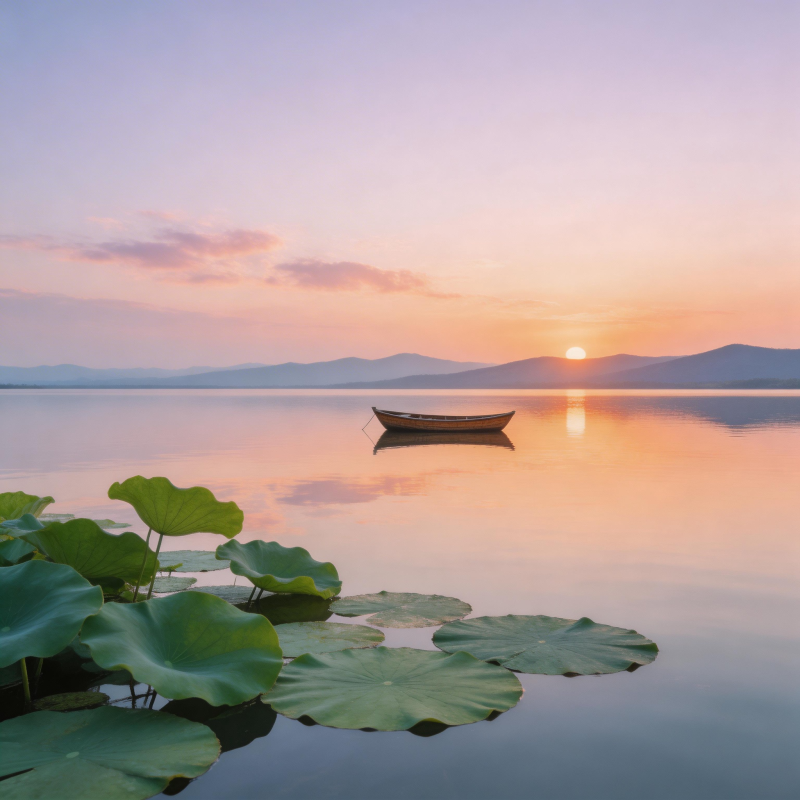 夕阳荷塘 孤舟静泊图片
