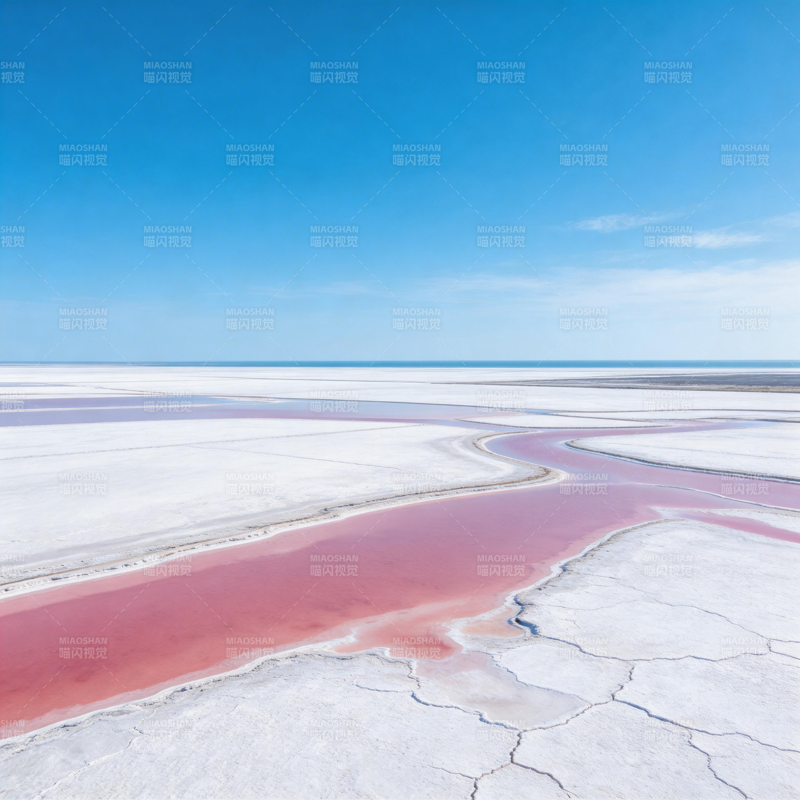 粉红盐湖映蓝天图片