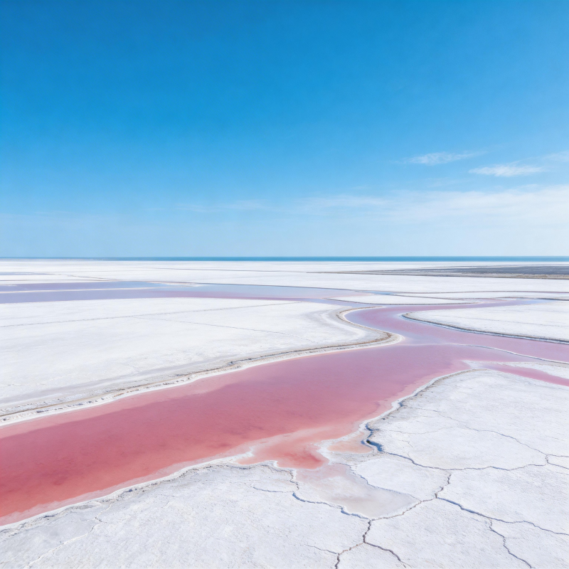 粉红盐湖映蓝天图片