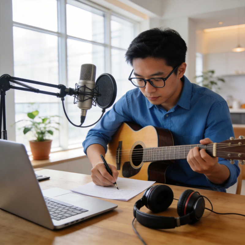 弹吉他写歌 录音创作中图片