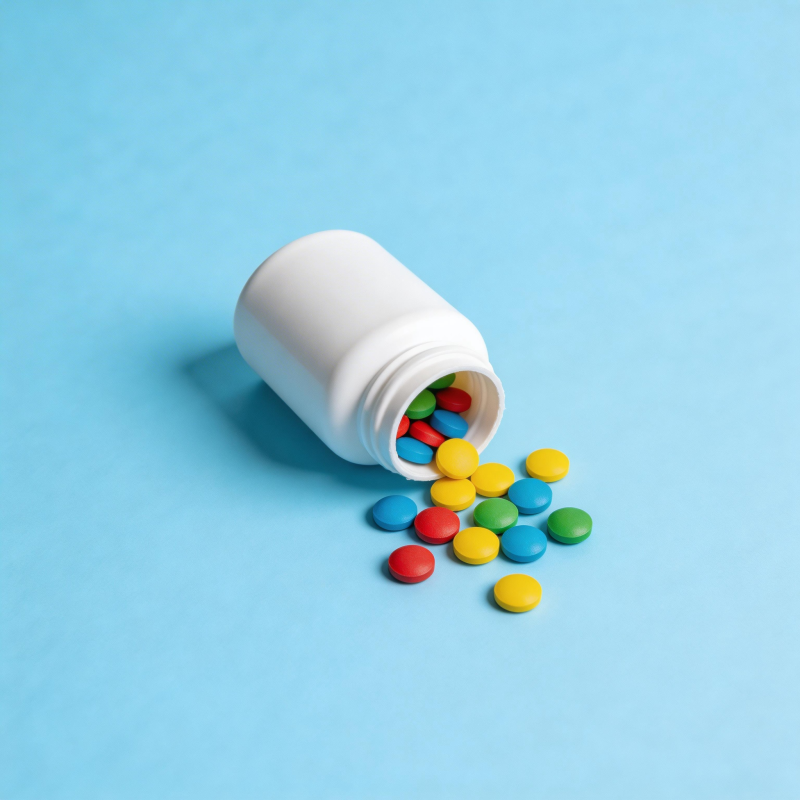 药瓶倾倒 彩丸散落蓝底图片