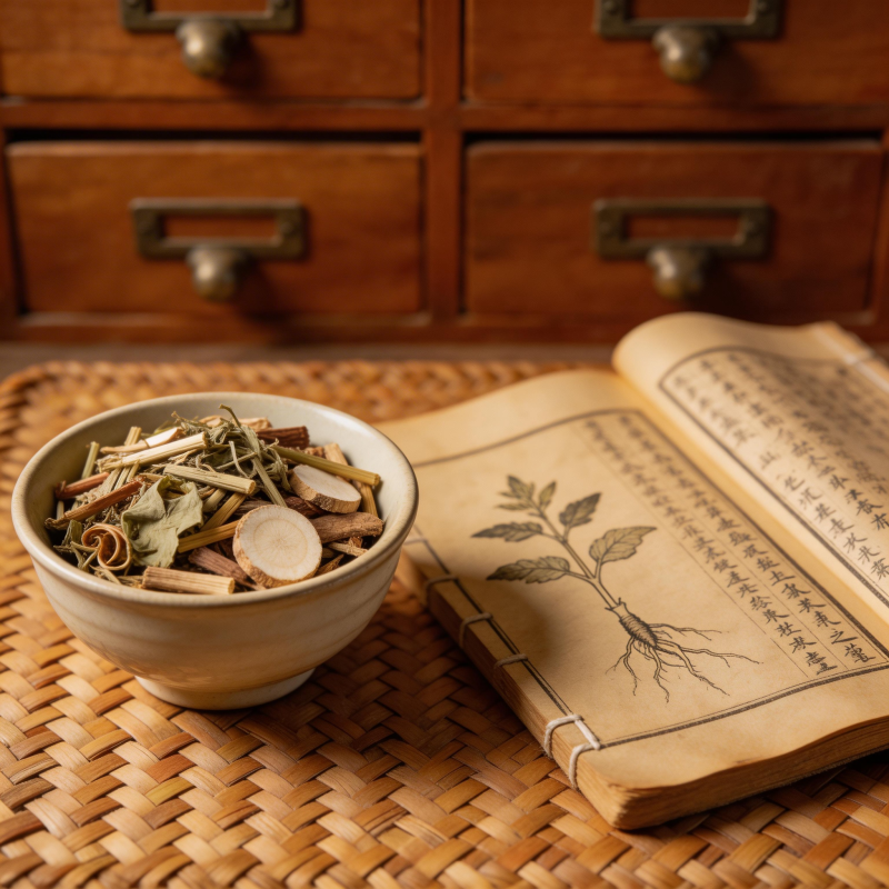 中药古籍与药材碗图片