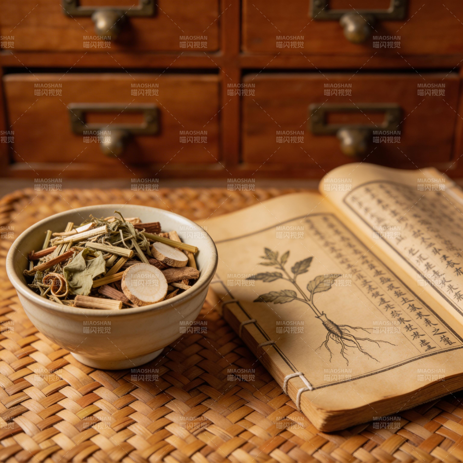 中药古籍与药材碗图片
