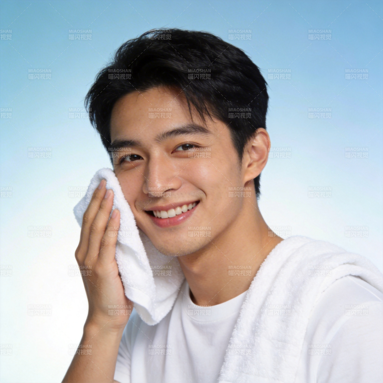 清爽少年 毛巾擦脸微笑图片
