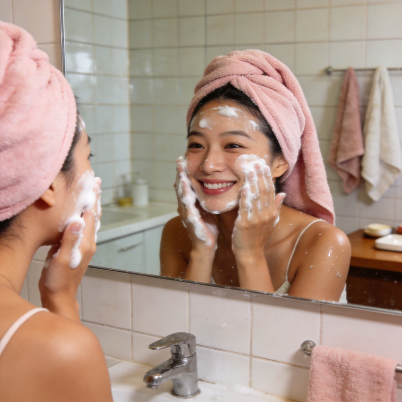 毛巾裹头 泡沫洁面笑盈盈图片