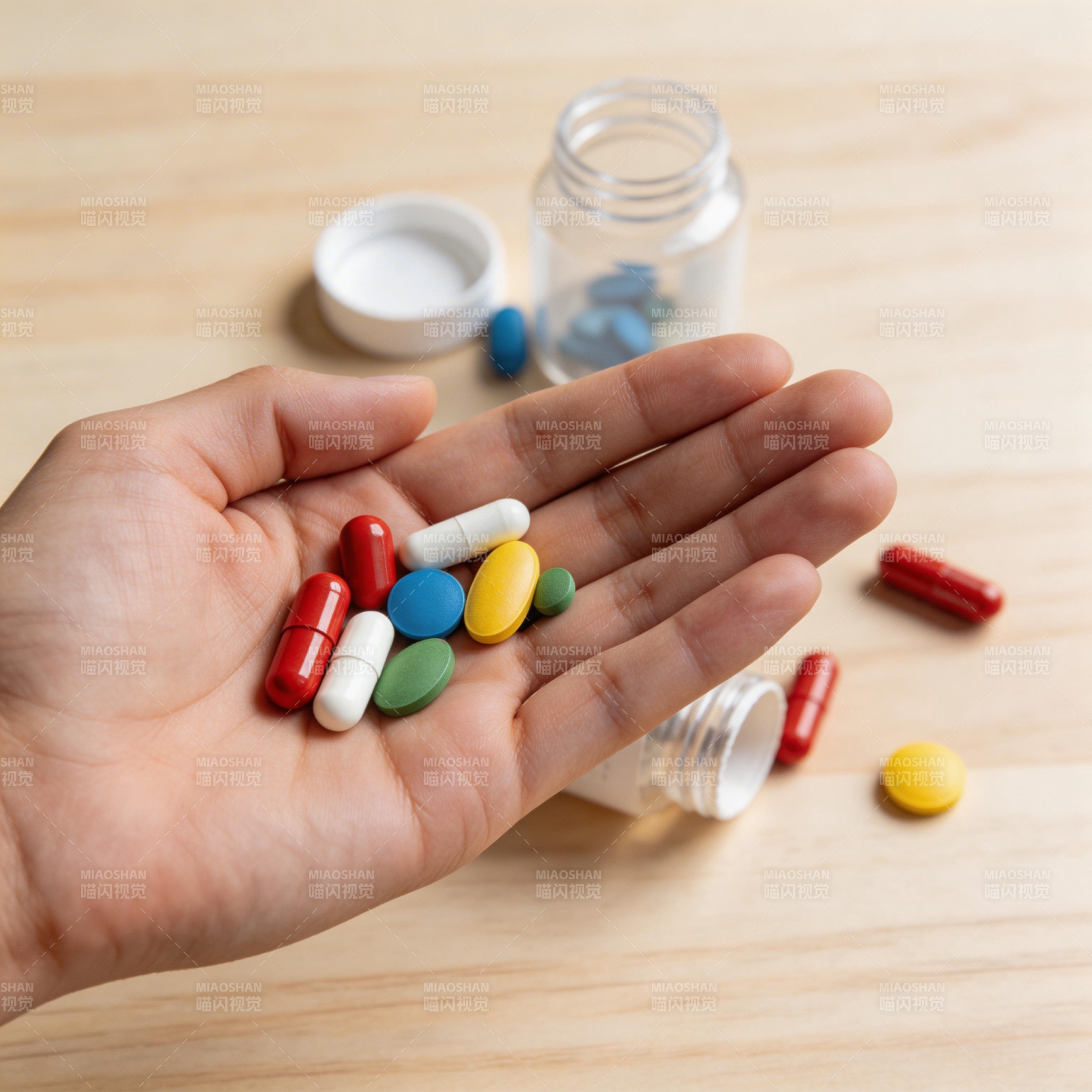手握多彩药片 瓶散落旁图片