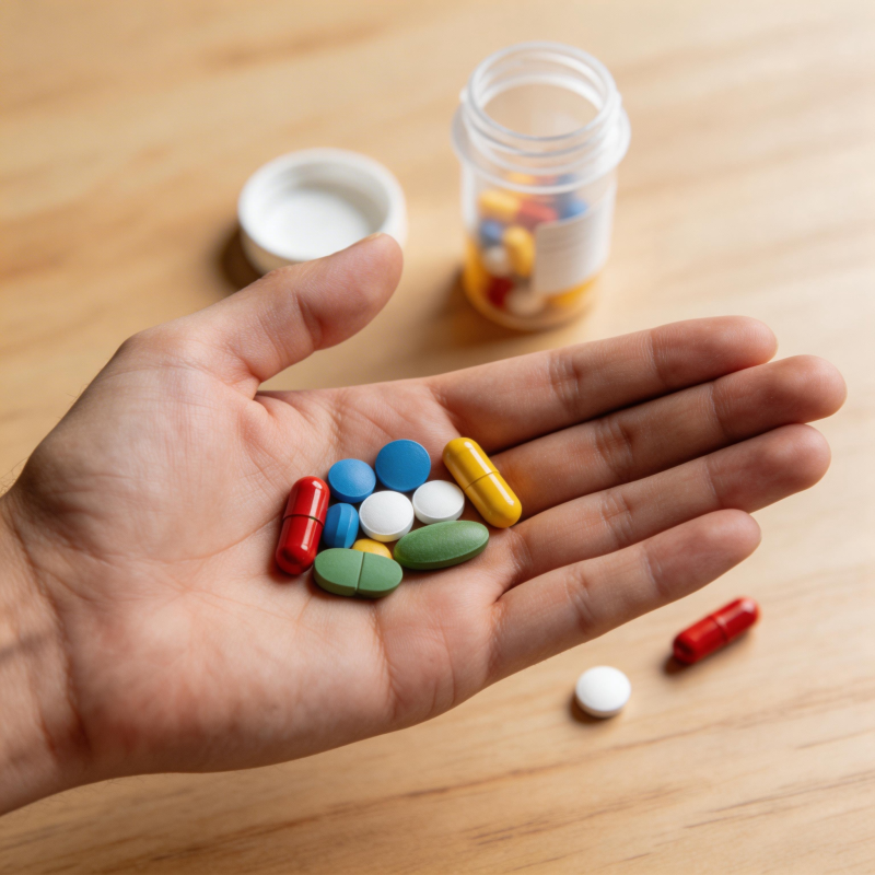 手握多彩药片 瓶散木桌旁图片