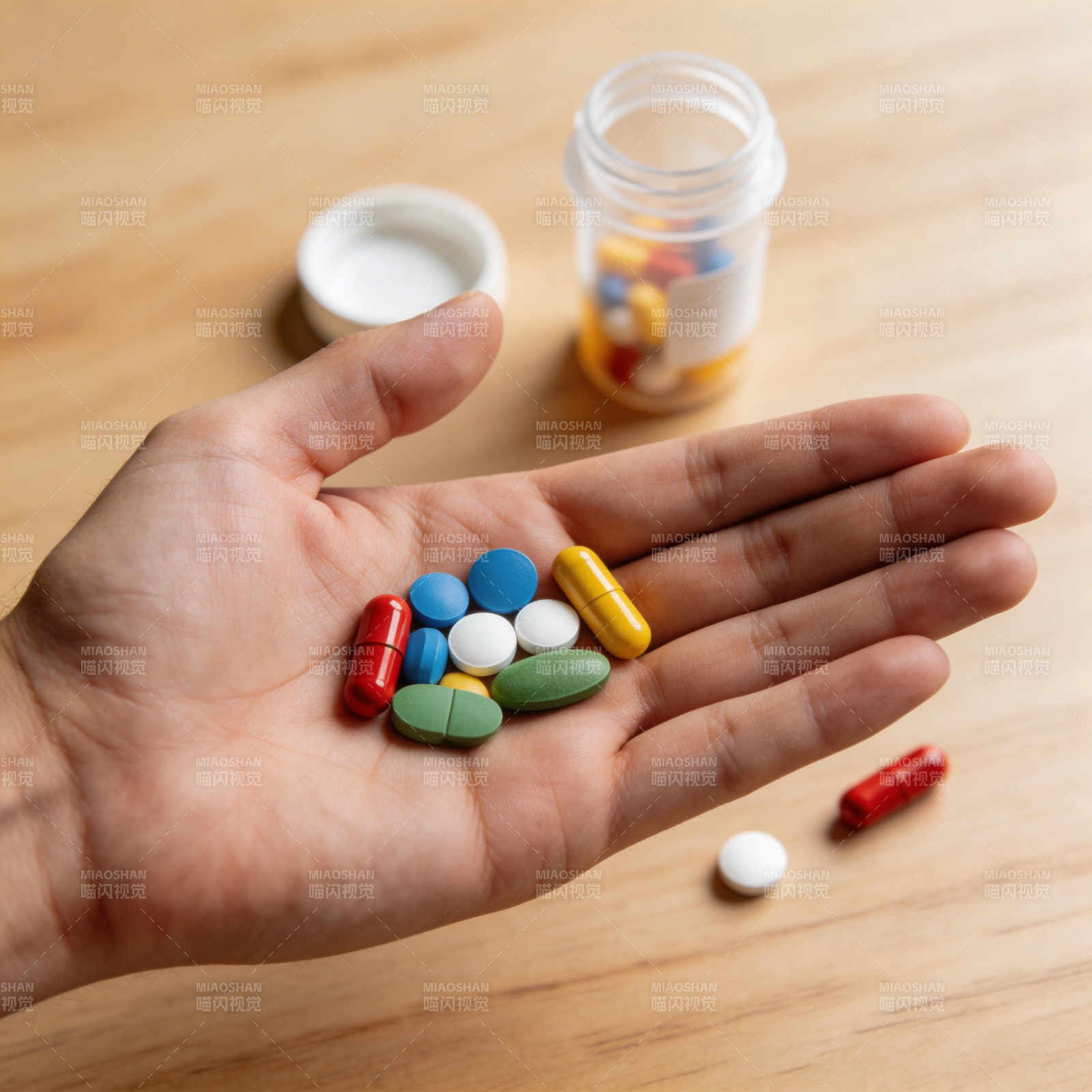 手握多彩药片 瓶散木桌旁图片