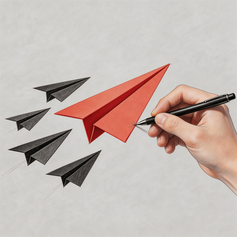 手绘红纸飞机引领黑机群图片
