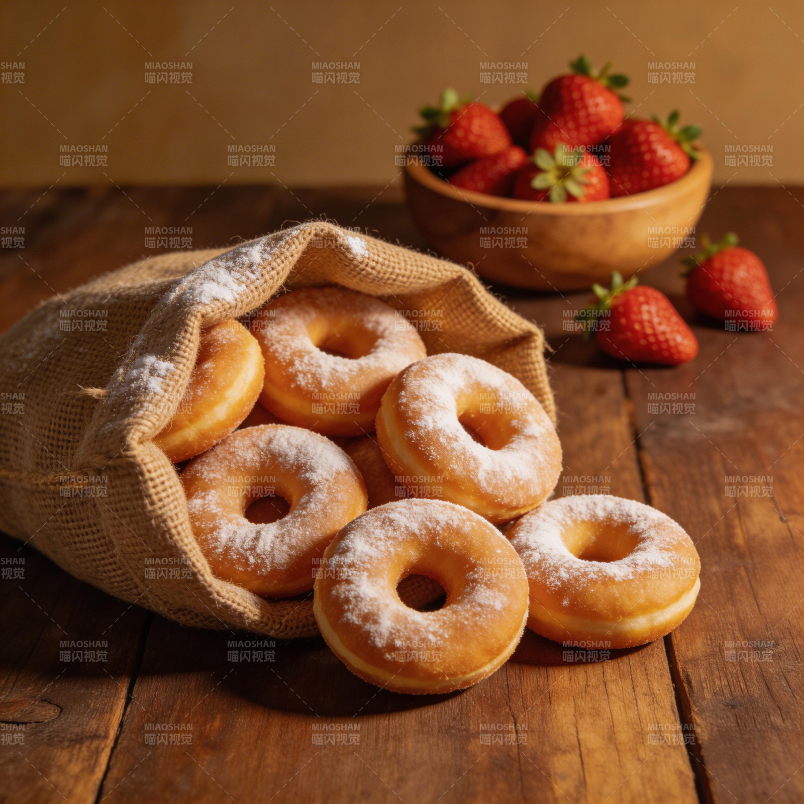 糖粉甜甜圈配草莓图片