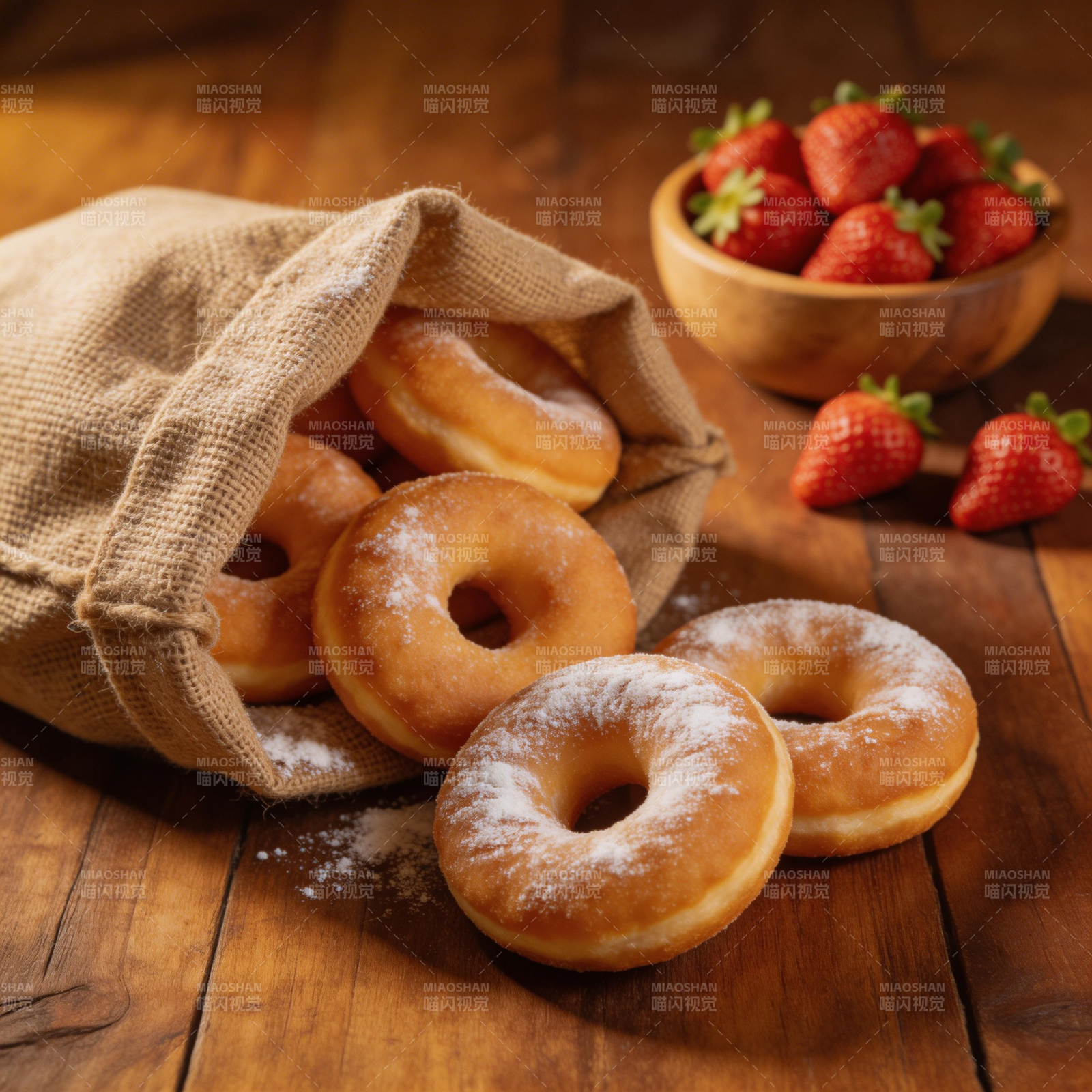 糖粉甜甜圈配草莓图片