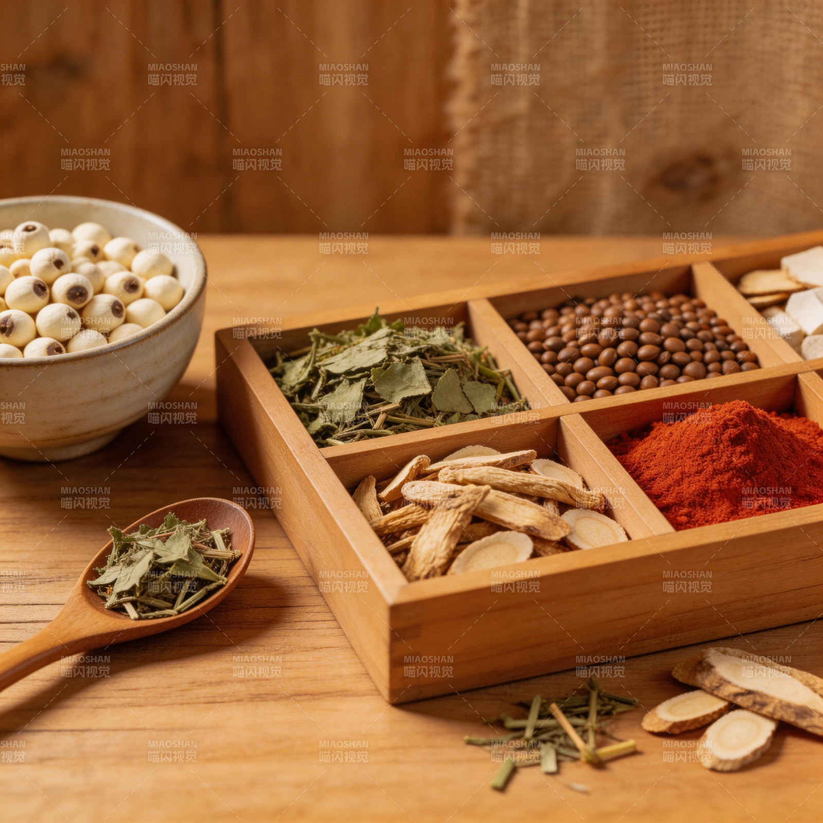 中药香料分格木盒陈列图片