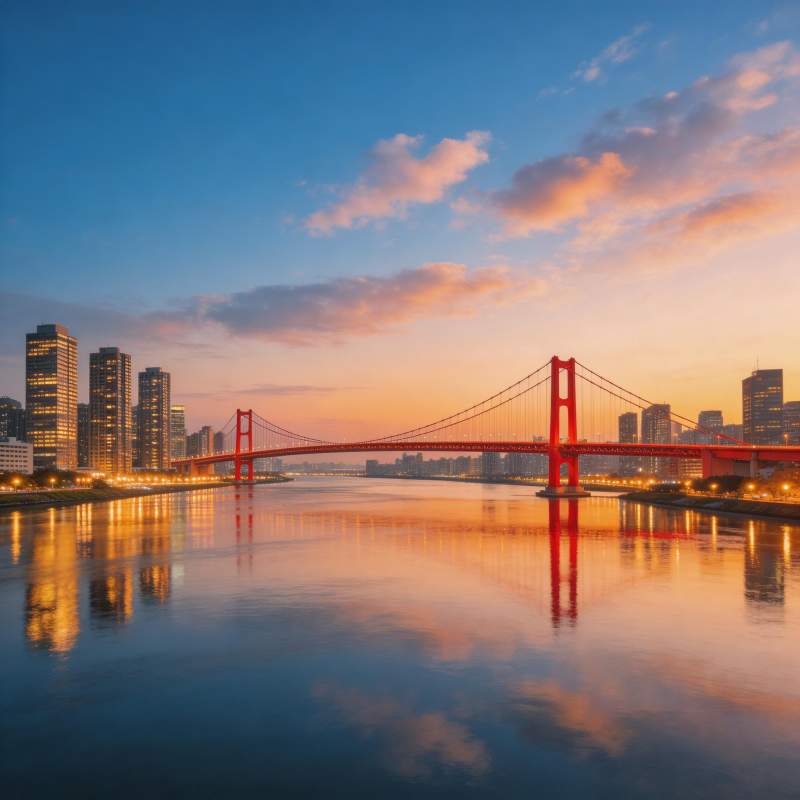 夕阳红桥映城影图片