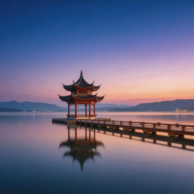 湖心亭映晚霞静如镜图片