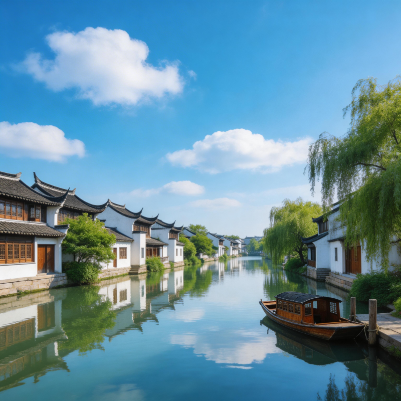 江南水乡 白墙黛瓦映碧波图片