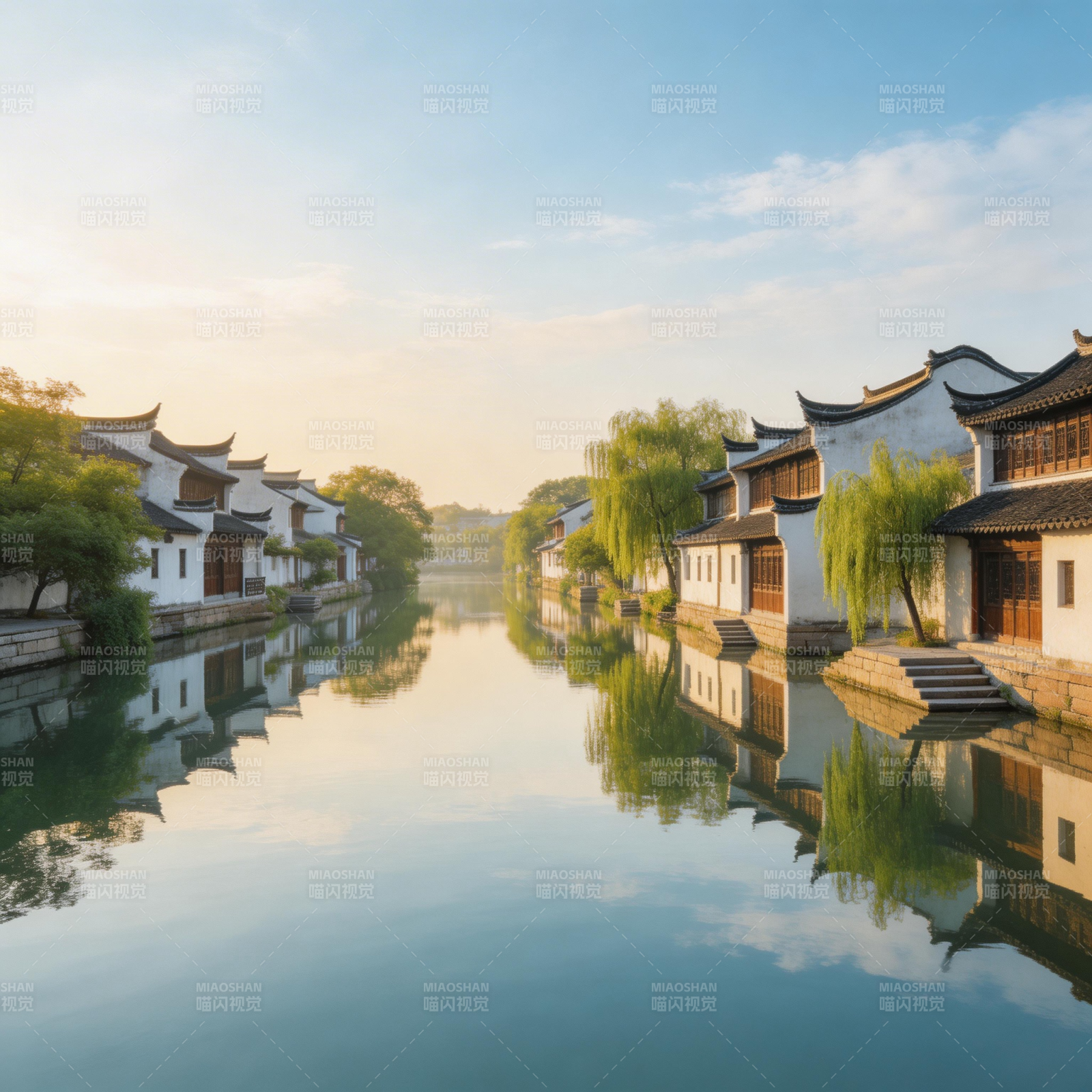 水乡晨韵 白墙黛瓦映碧波图片
