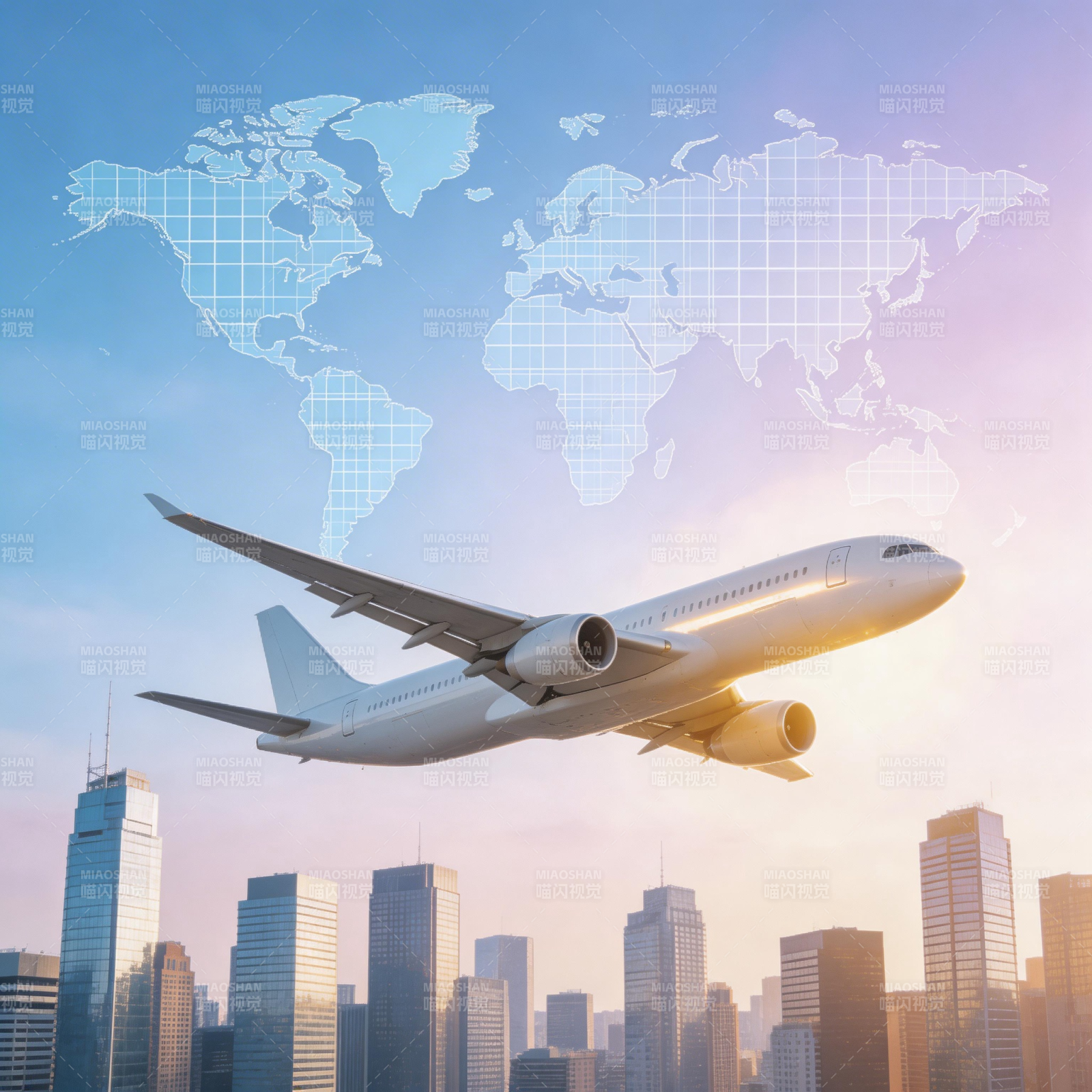 飞机飞越城市 世界地图背景图片