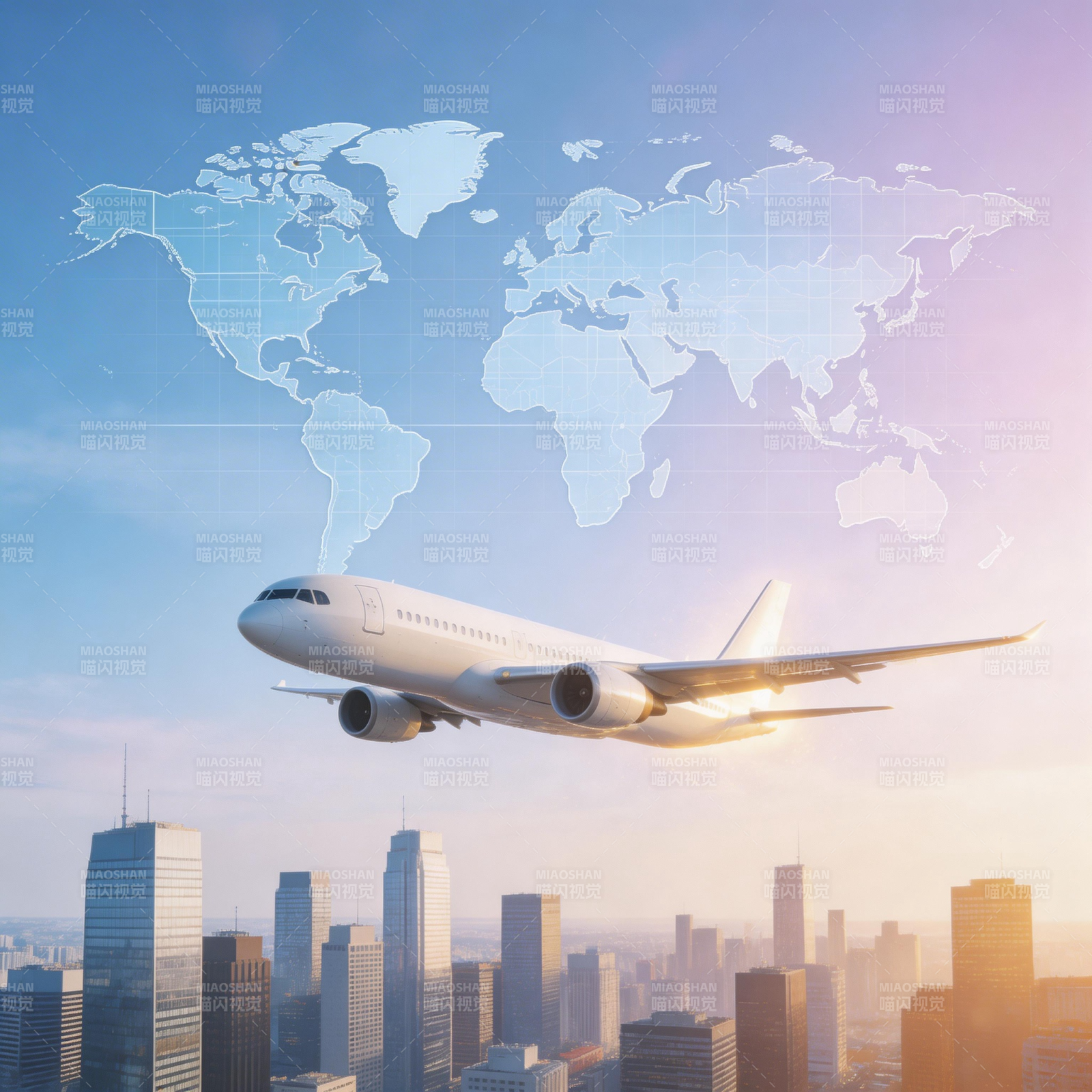 飞机飞越城市 世界地图背景图片