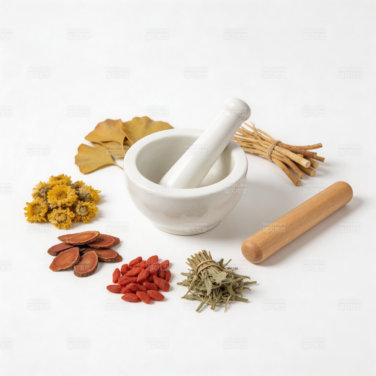 中药研磨器具与药材组合图片