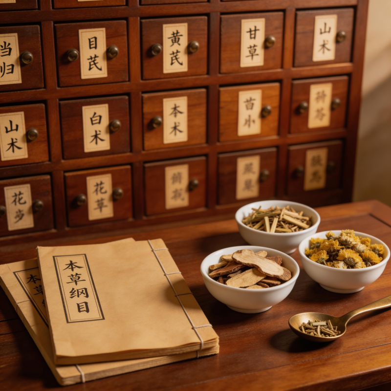 中药柜前本草纲目与药材图片