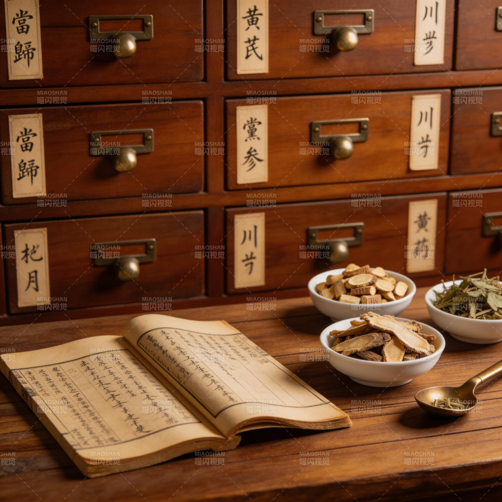 中药柜前古书与药材图片