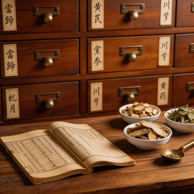 中药柜前古书与药材图片