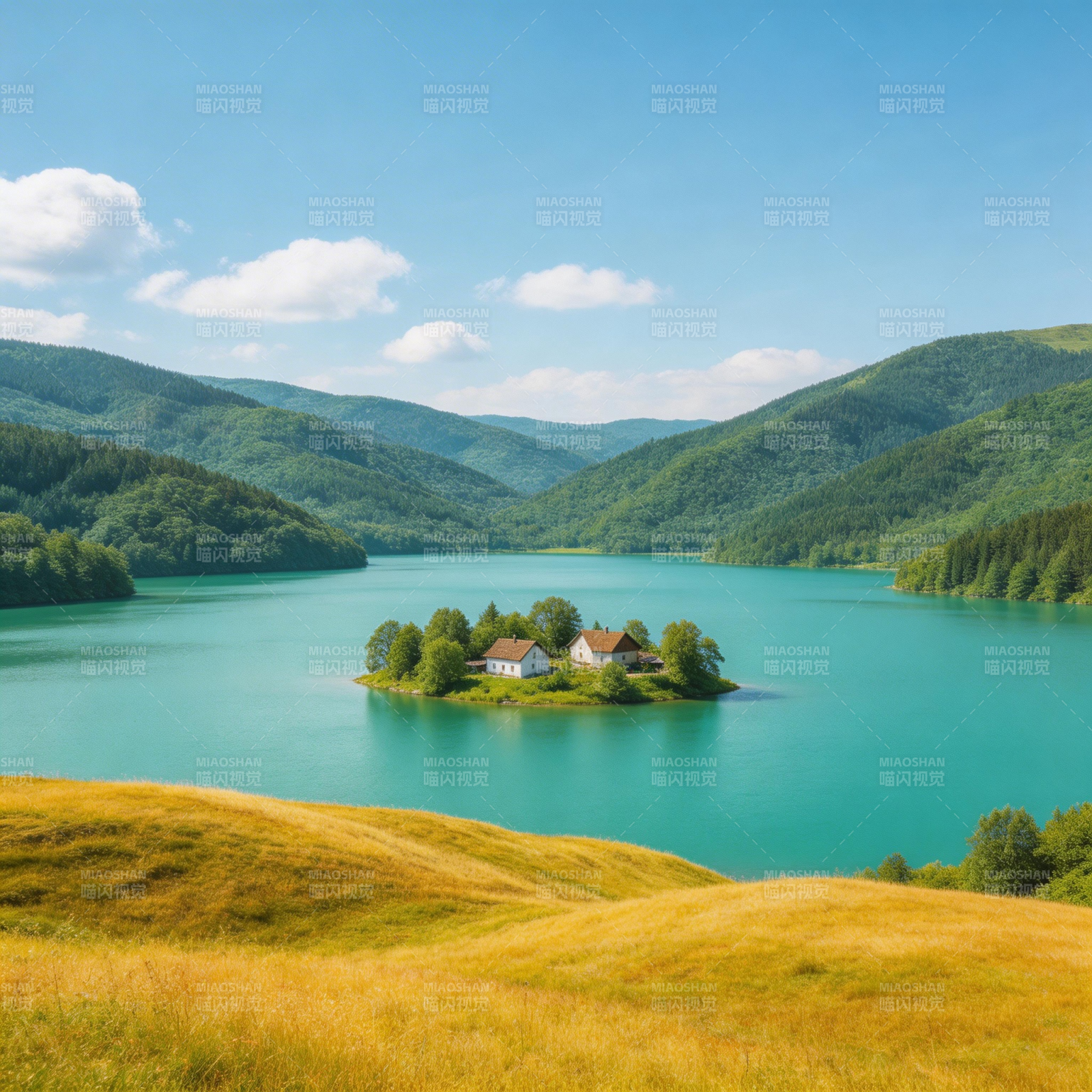 湖心岛屋 青山碧水间图片