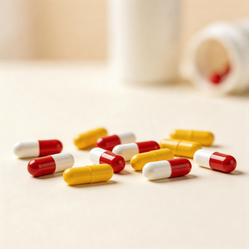 药丸散落桌面 红黄白胶囊特写图片