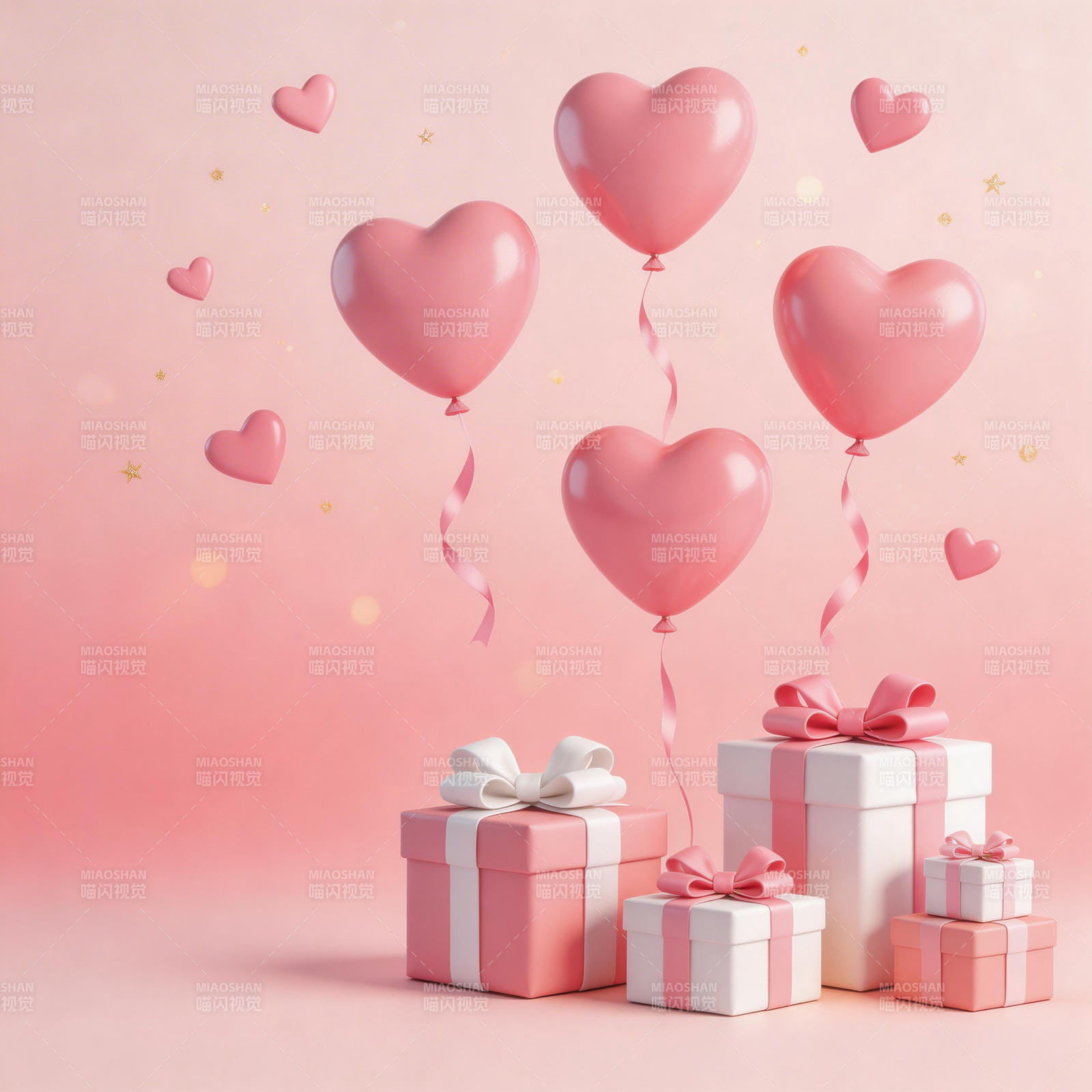粉色心形气球与礼盒浪漫场景图片