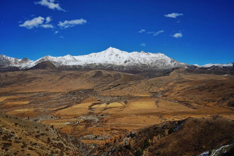 青绕神山下的金色高原谷地图片