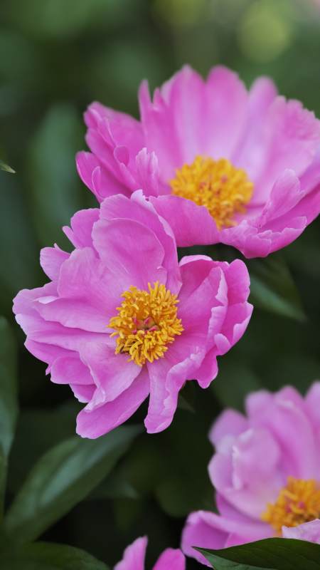 粉芍药绽放 黄蕊映绿叶图片