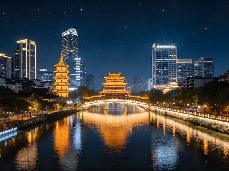 夜映古塔 城河璀璨如星图片