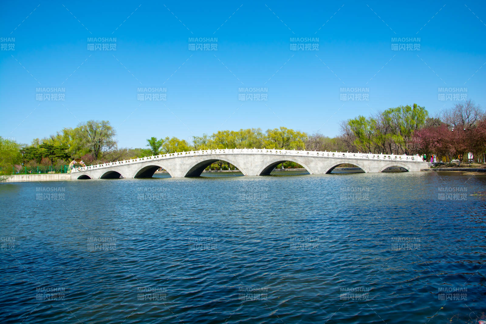春日拱桥映碧水蓝天图片