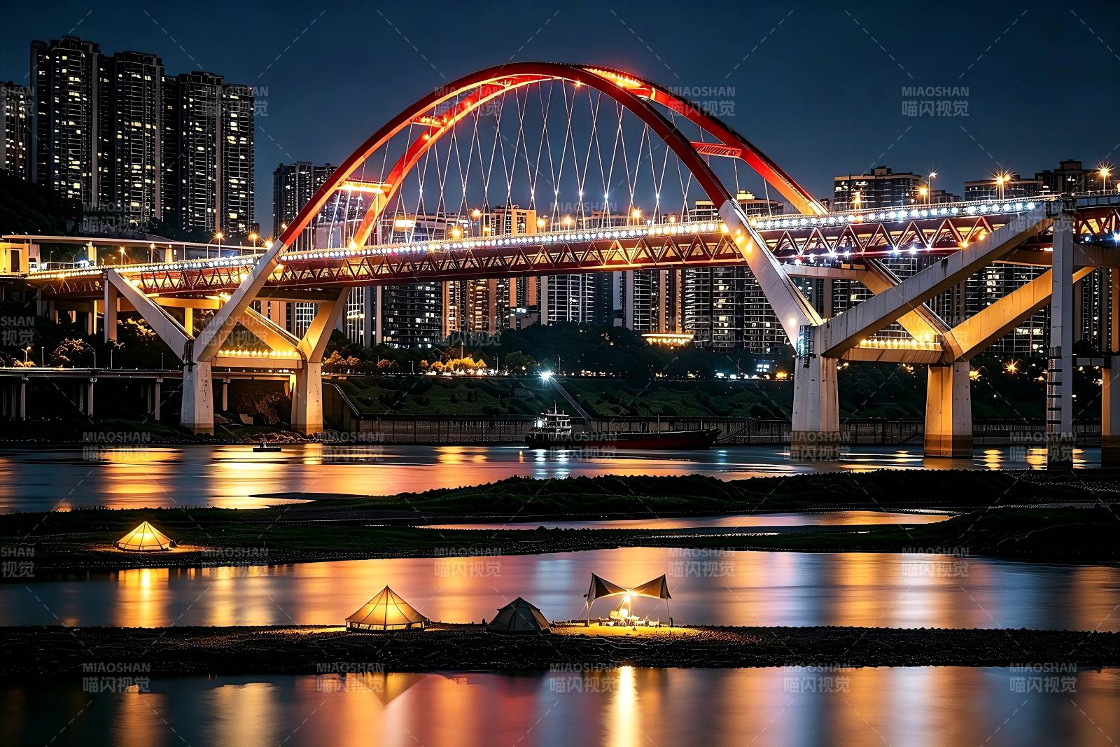 菜园坝大桥下的江滩夜景图片